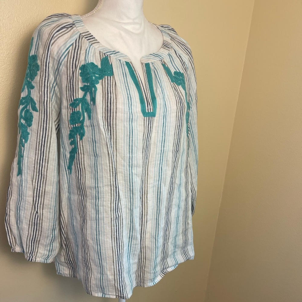 J Jill Love Linen Top L Petit Blue Stripe Embroidery Peasant Blouse Coastal Boho - Picture 9 of 14